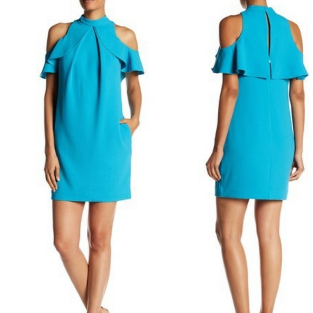 Trina Turk Blue Crepe Amado Dress Size 6 Cold Shoulder Mini Shift Ruffles Spring